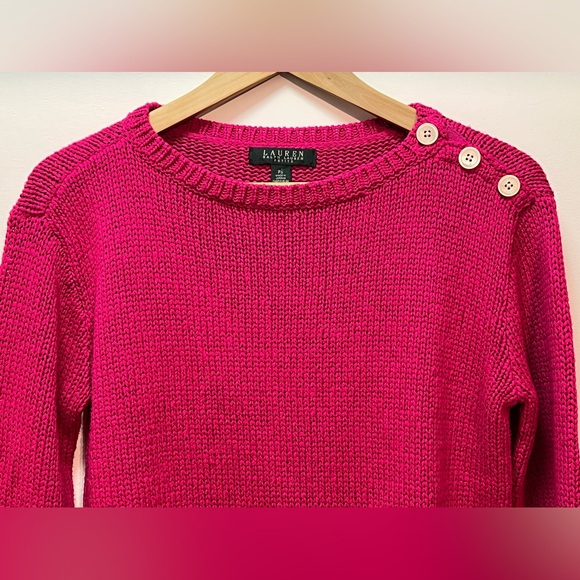 Ralph Lauren | Fuchsia Pink Cropped Sweater with Shoulder Buttons - Petite Small - Picture 8 of 8